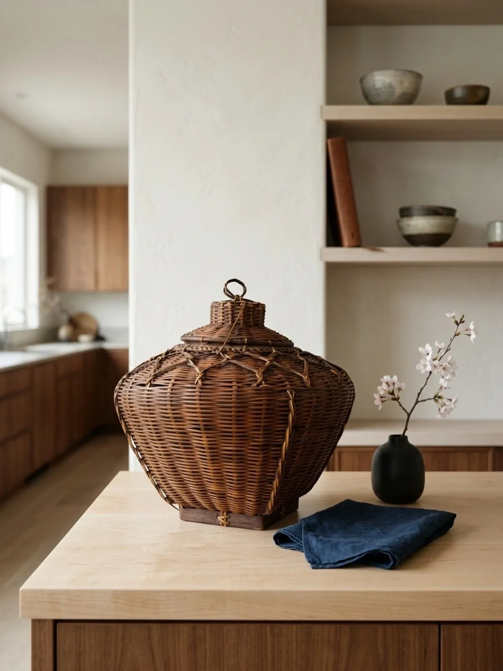 Vintage Asian Woven Rattan Basket with Square Base and Lid Home Decor